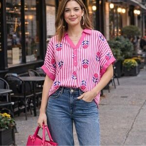 Pink Stripe Embroidered Button-Front Boho Blouse